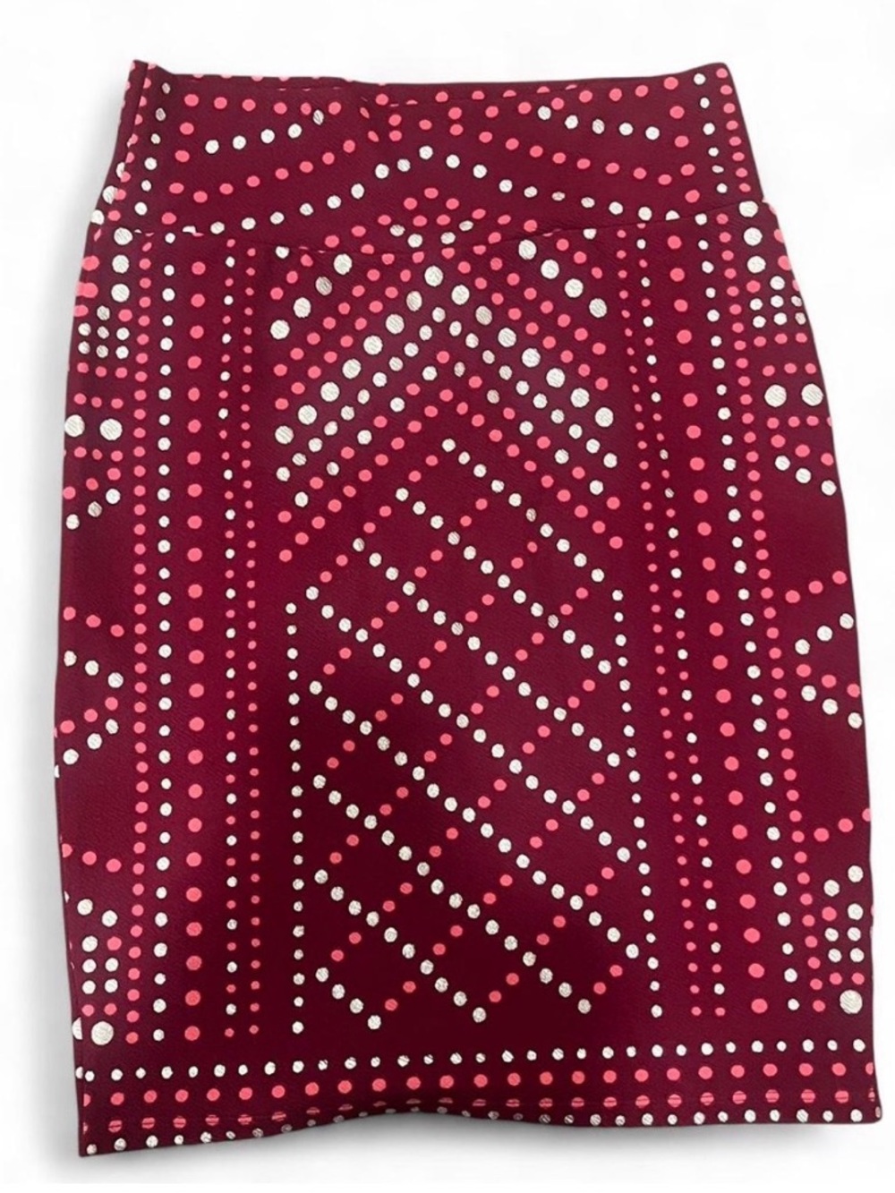 LuLaRoe Cassie Maroon Stretchy Pencil Skirt Pink & Silver Polka Dot Pattern M